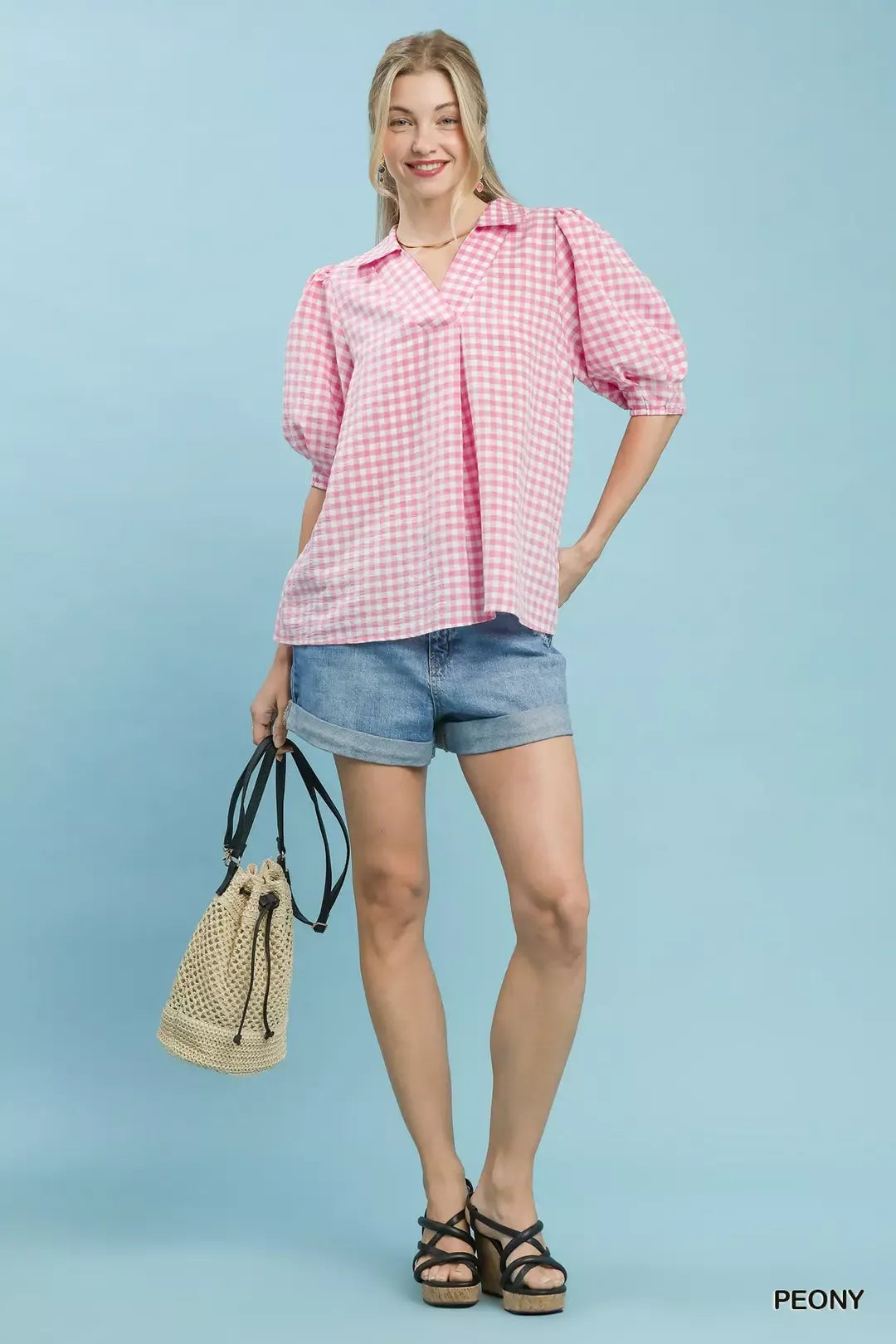 Gingham puff sleeve collared blouse with split V-neck