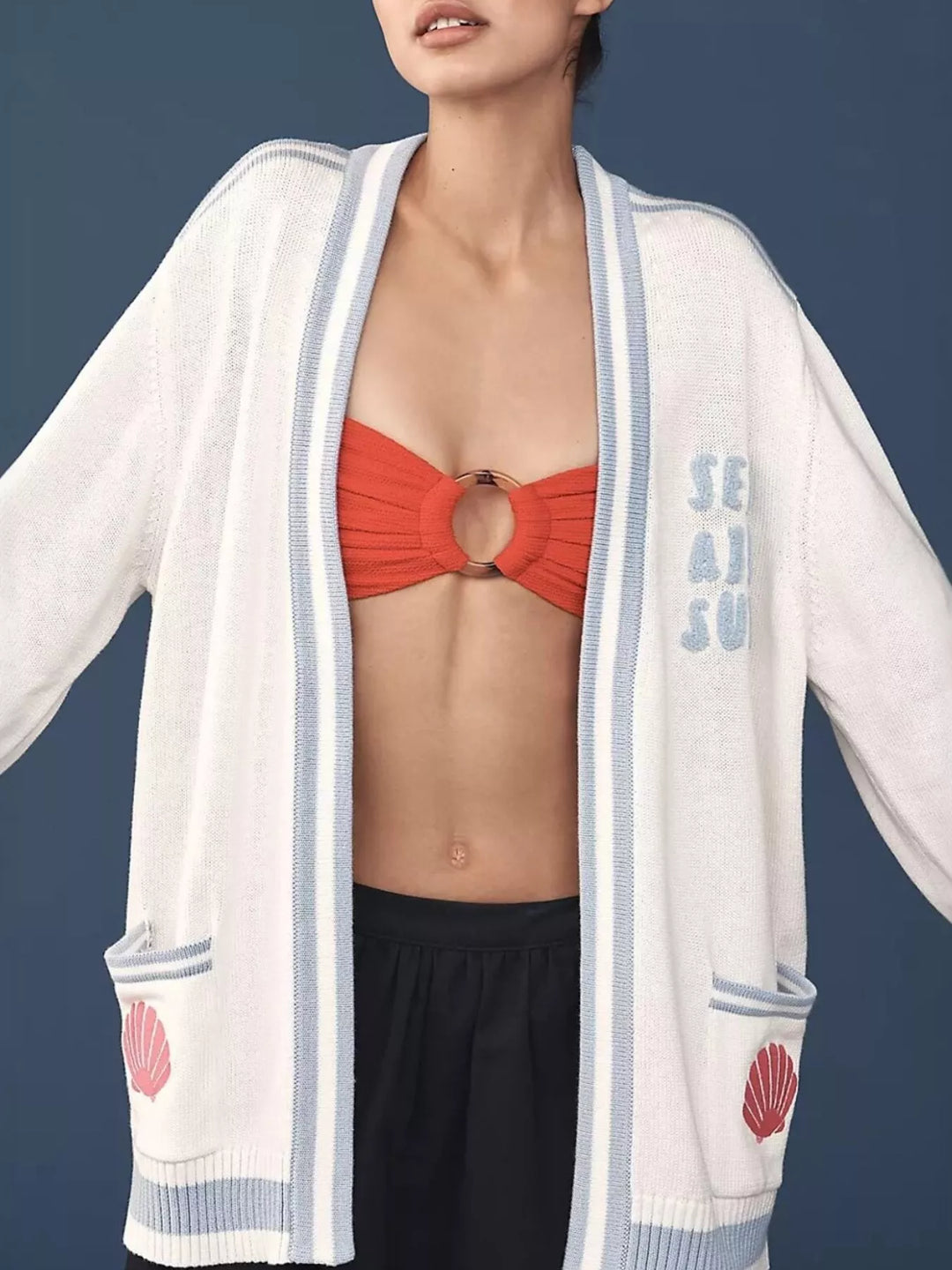 Gray/white Seashell embroidered open-front cardigan with striped trim