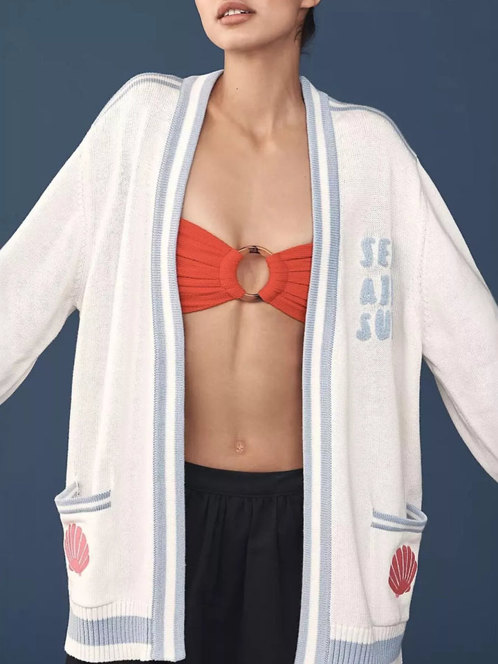 Gray/white Seashell embroidered open-front cardigan with striped trim
