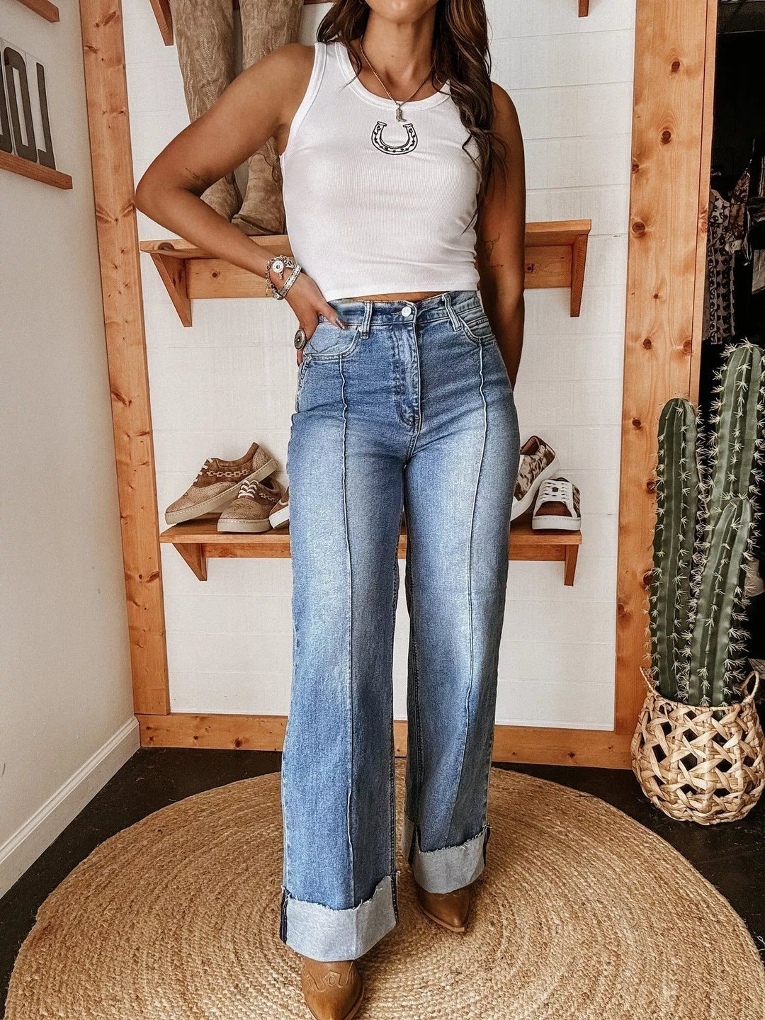 Blue Contrast-seam high-rise wide leg cuffed jeans