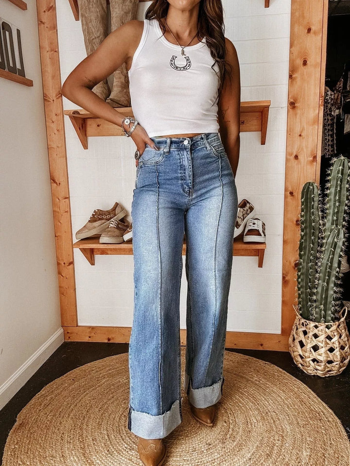 Blue Contrast-seam high-rise wide leg cuffed jeans