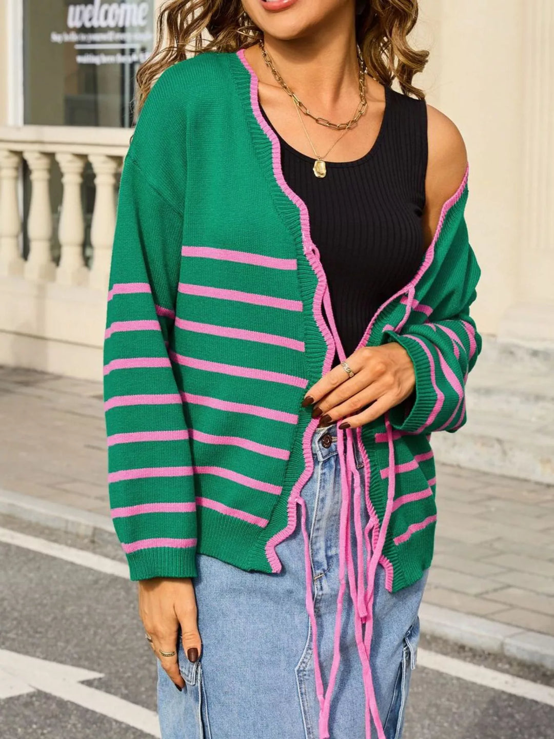 Striped tie-front knit cardigan with contrast trim