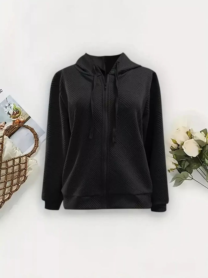 Textured zip-up hooded jacket with drawstrings
