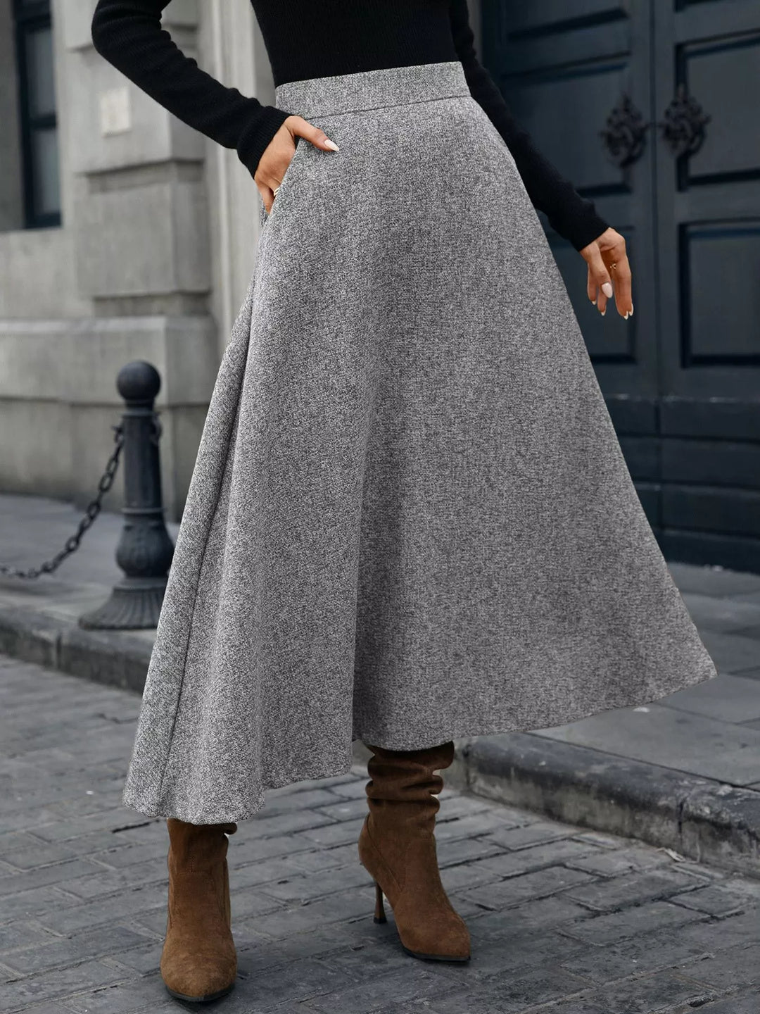 High-waist A-line midi skirt with side pockets