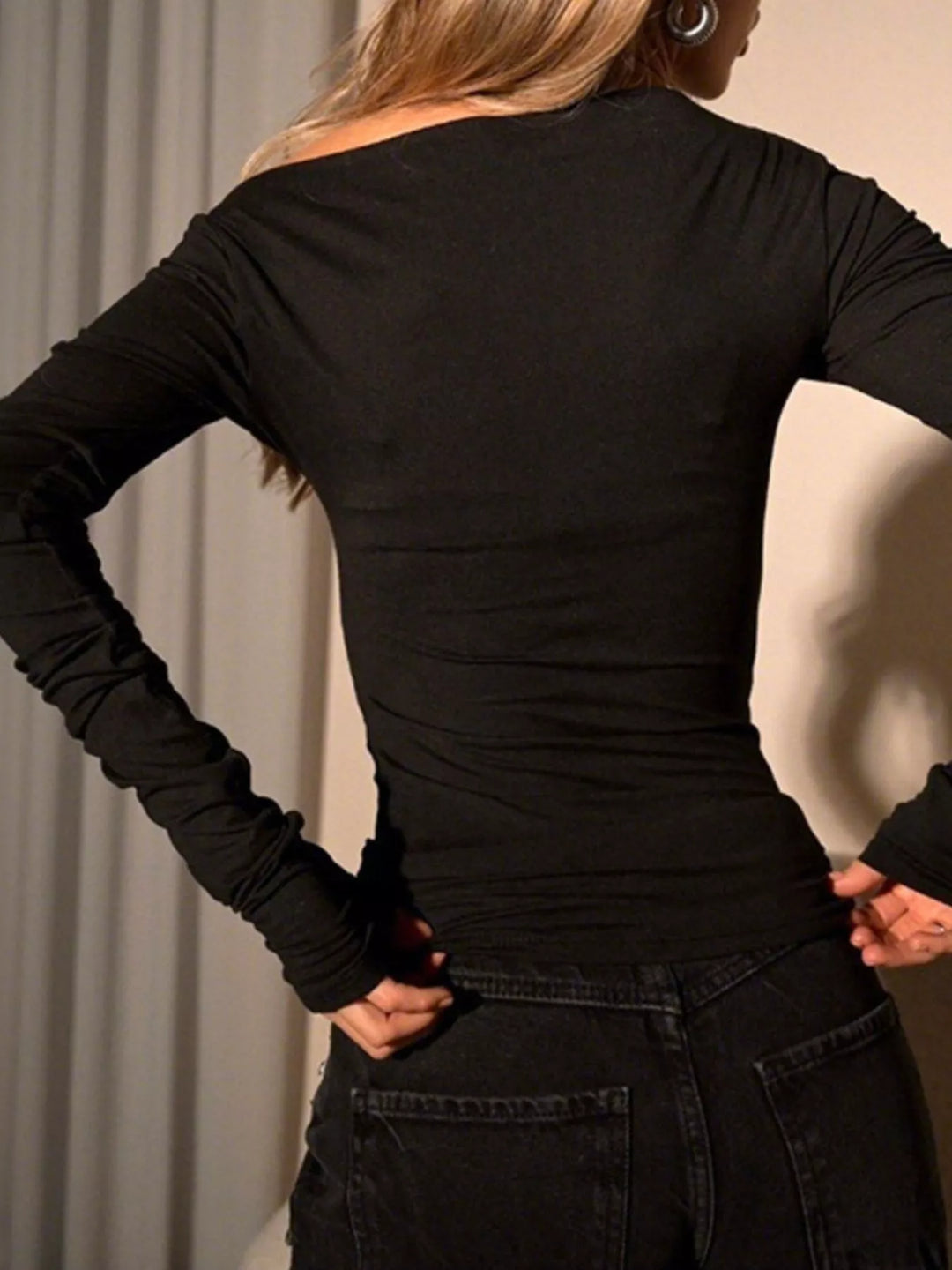 Ruched asymmetric off-shoulder long sleeve top