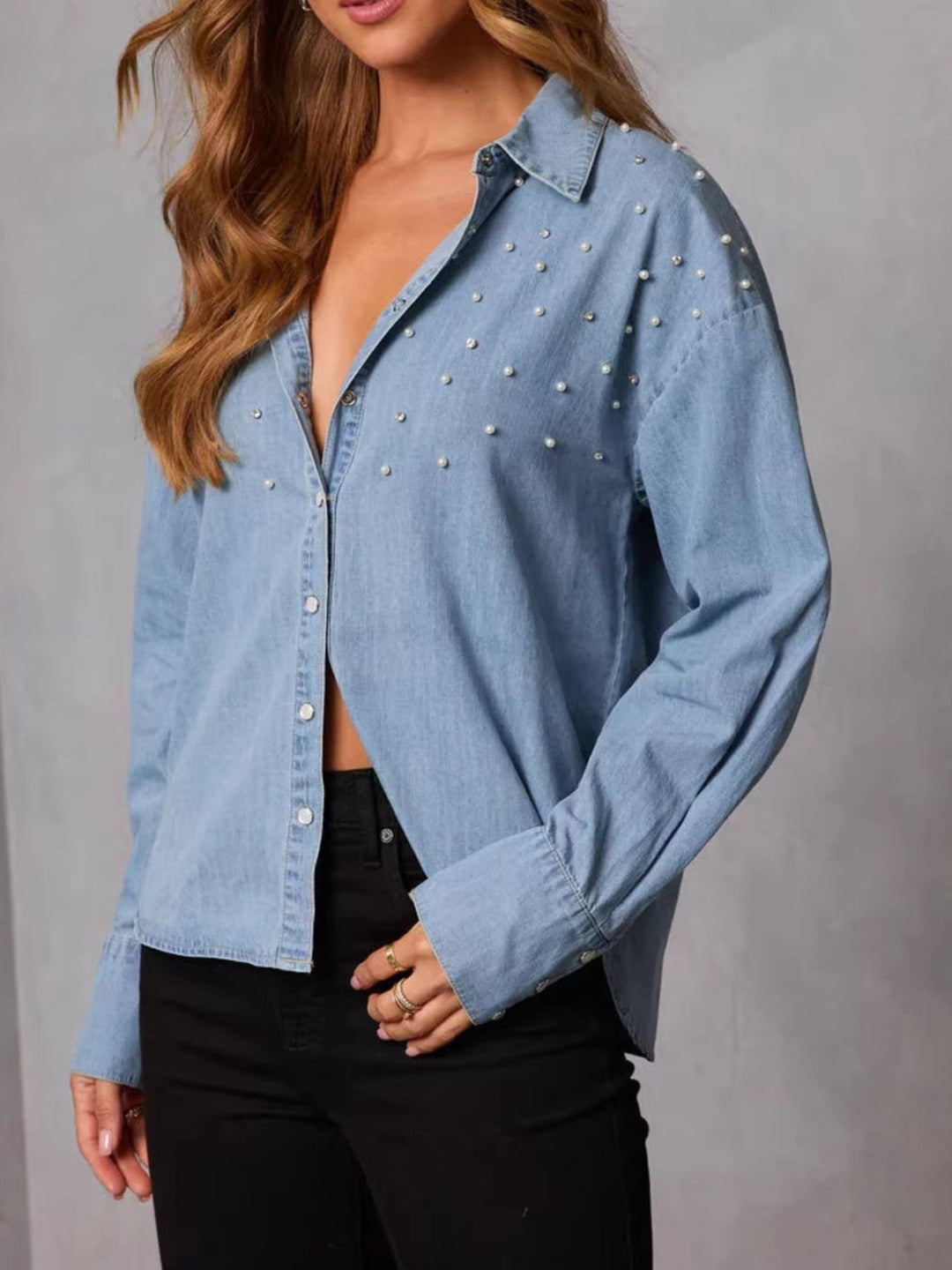 Pearl embellished button-up denim shirt with long sleeves