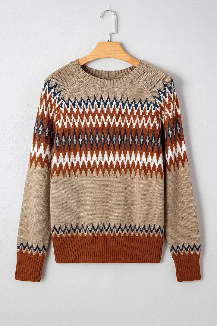 Geometric zigzag knit crew neck pullover sweater