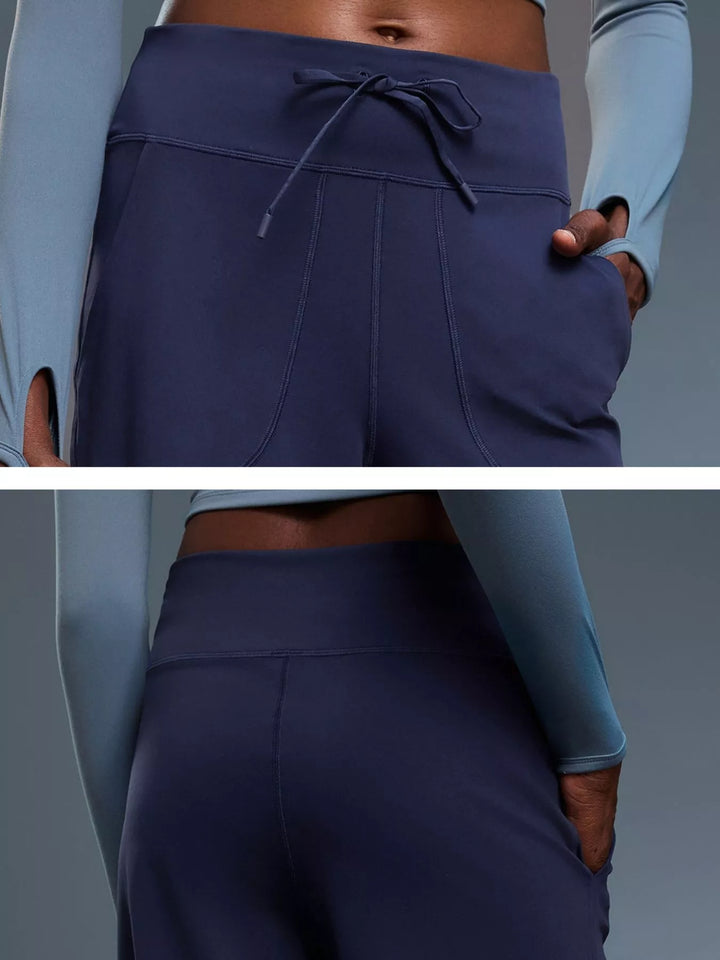 Wide-leg drawstring pants with curved front pockets