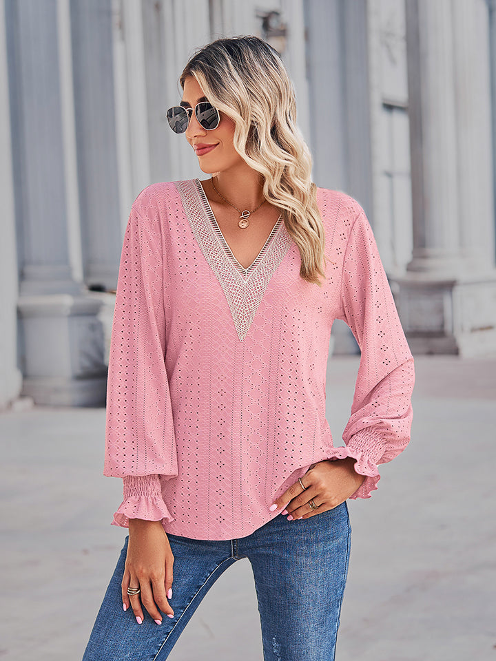 Eyelet V-neck blouse with lace trim and flounce sleeves