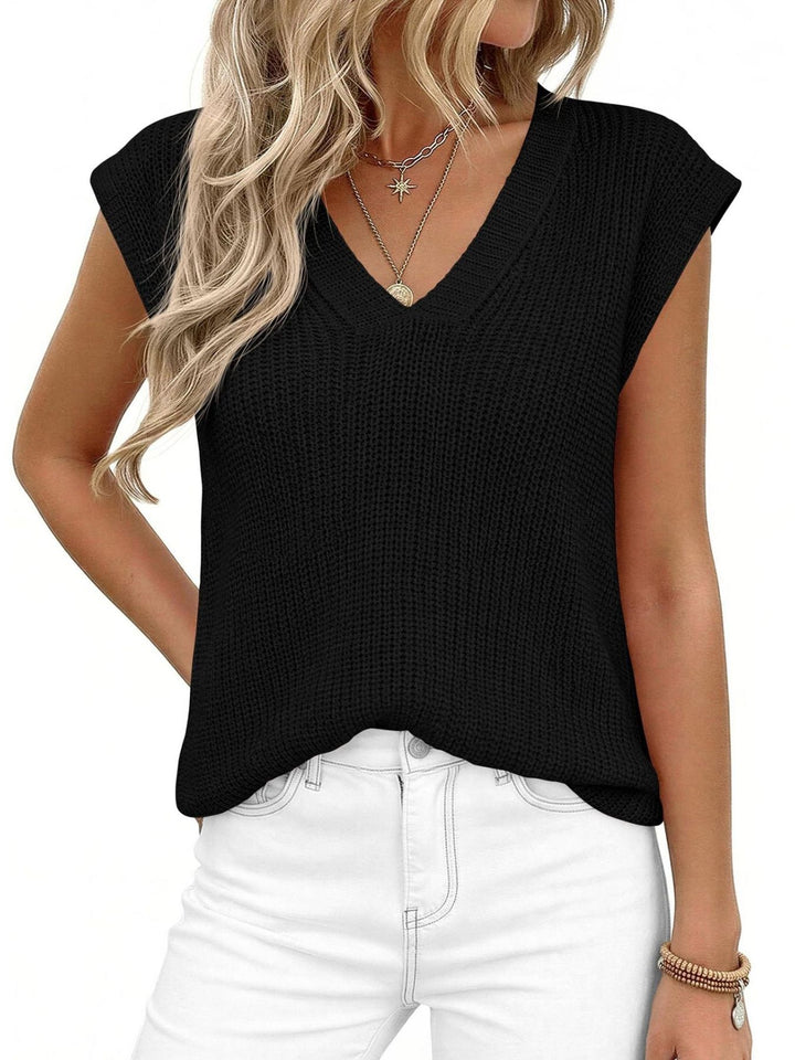 V-neck cap sleeve waffle knit sweater vest