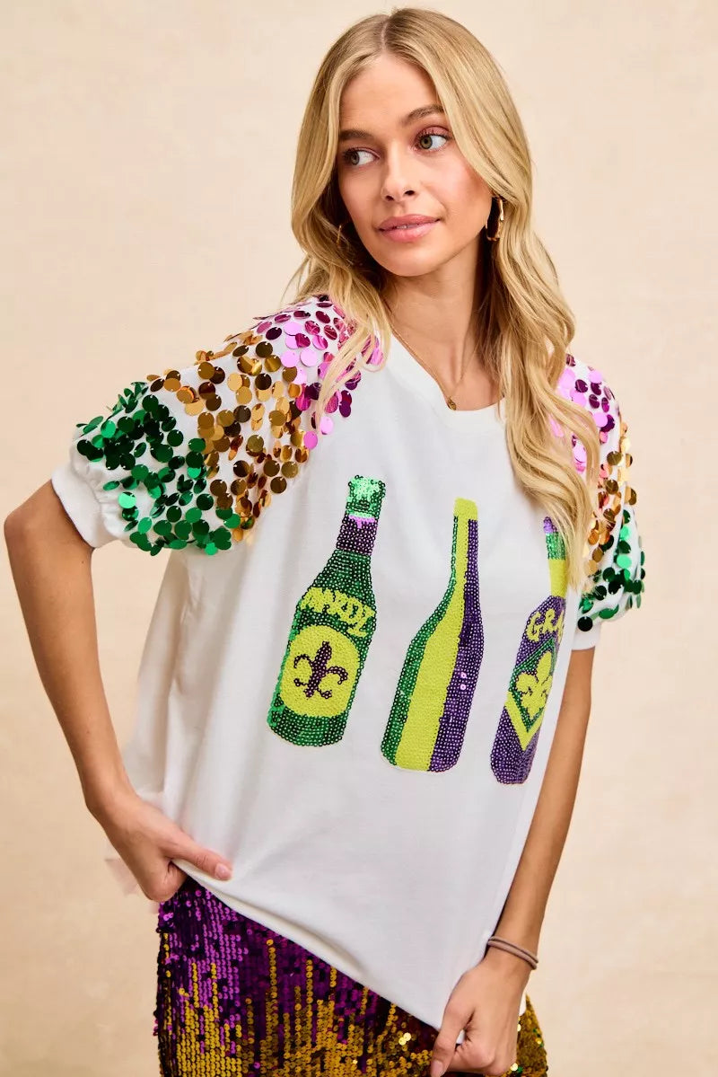 Sequin Mardi Gras bottles graphic tee with paillette sleeves