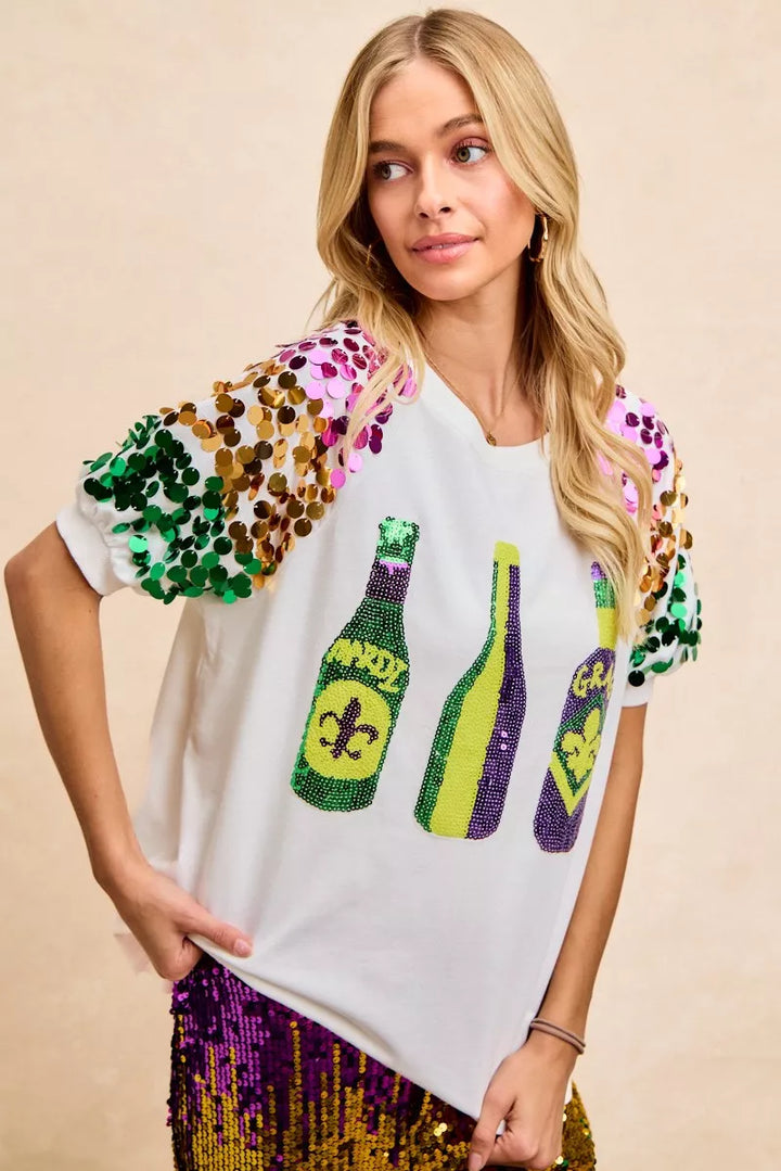 Sequin Mardi Gras bottles graphic tee with paillette sleeves