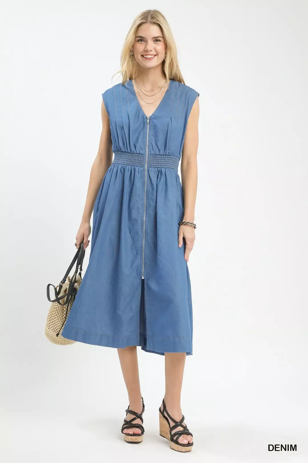 Sleeveless zip-front denim midi dress with smocked waist