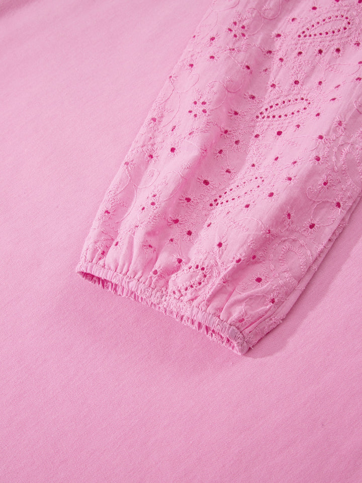Eyelet lace heart patch long sleeve pullover top