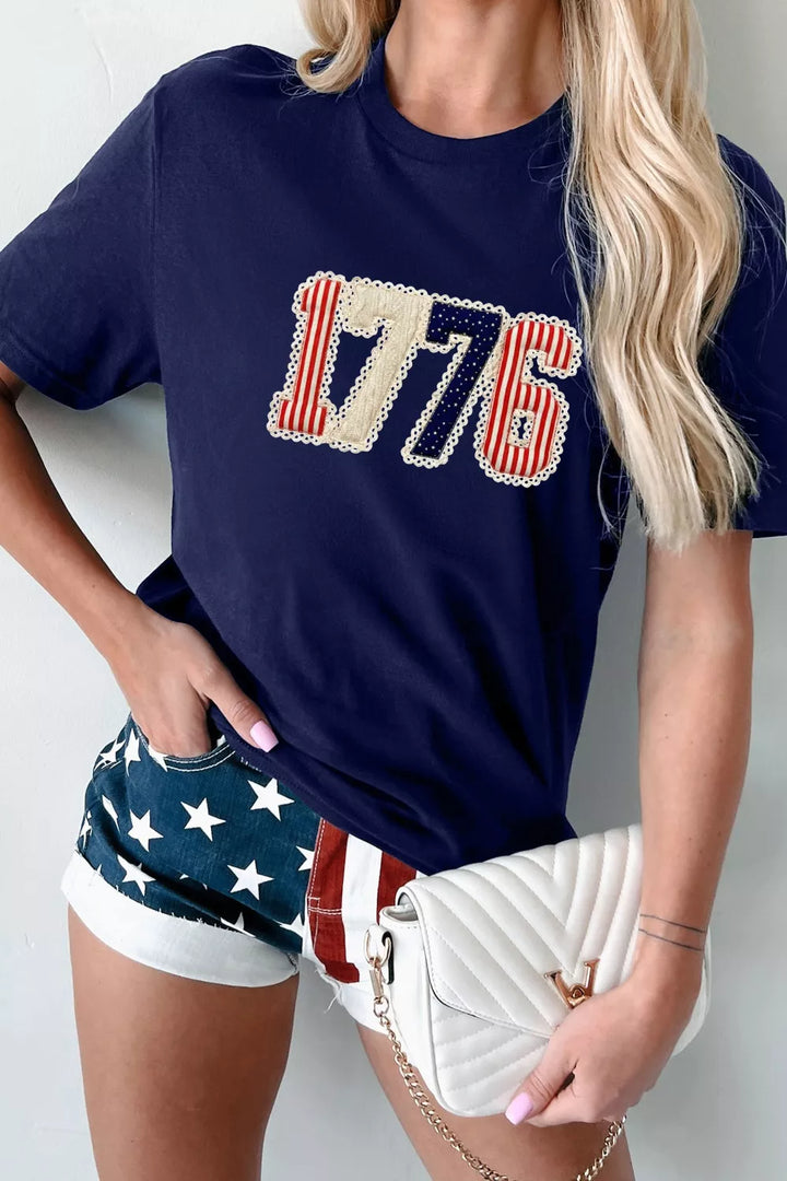 1776 lace-trim flag appliqué crew neck graphic tee