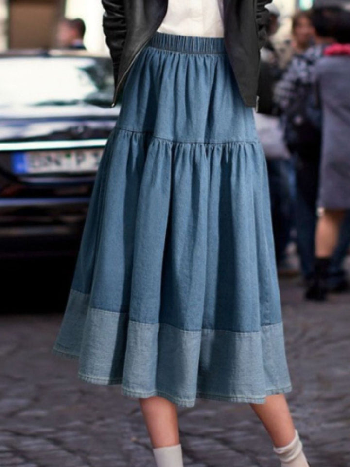 Tiered chambray denim midi skirt with elastic waist