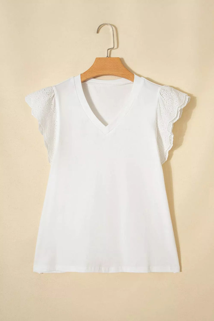 V-neck tee with eyelet embroidered flutter sleeves