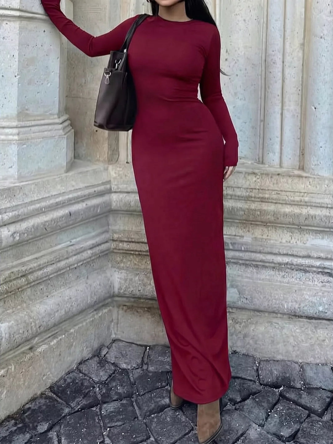 Long sleeve crew neck bodycon maxi dress