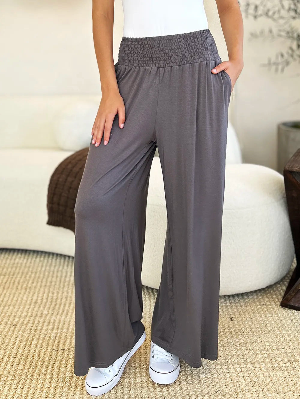 Dark Gray Smocked wide-waistband wide-leg jersey pants with pockets