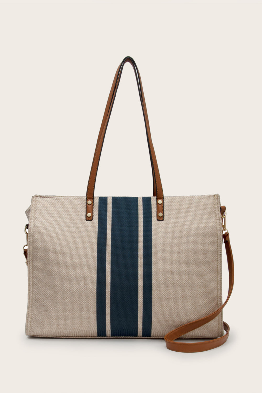 Beige Striped woven canvas tote bag with faux leather straps