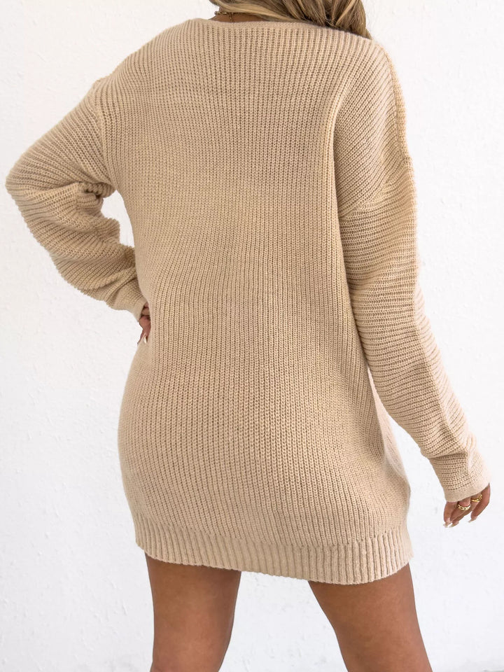 Bow-front ribbed knit mini sweater dress with V-neck