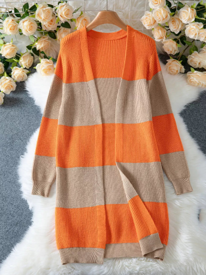 Color block ribbed knit open front longline cardigan
