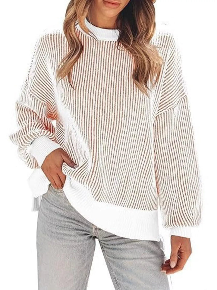 Apricot Striped ribbed knit drop shoulder sweater with side slits