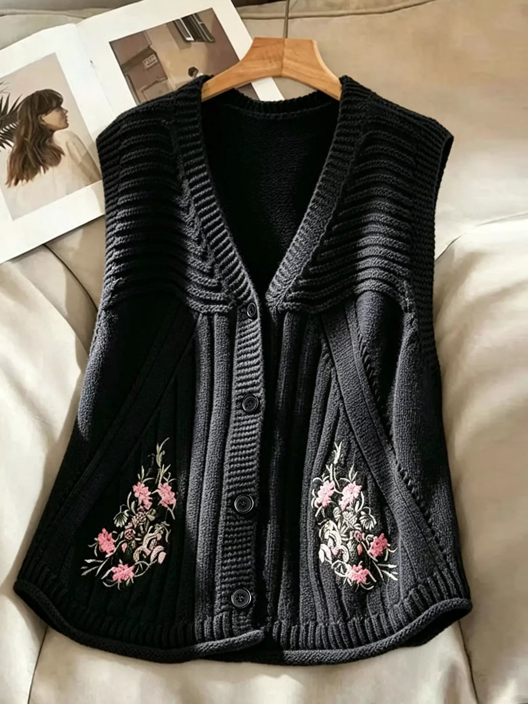 Black Floral embroidered knit sweater vest with button front