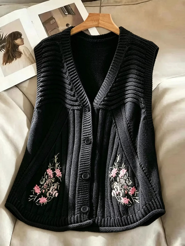 Black Floral embroidered knit sweater vest with button front