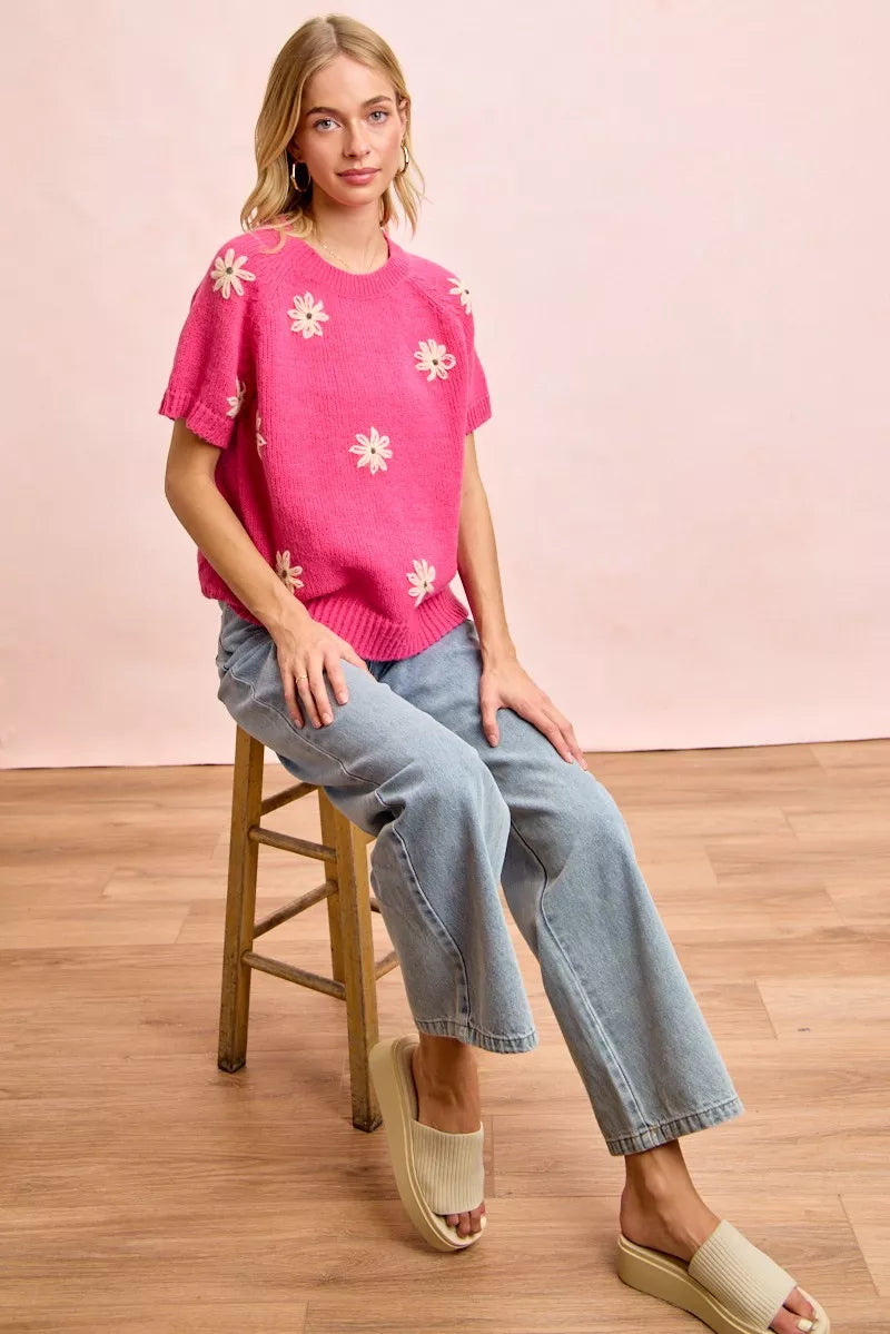 Floral embroidered short sleeve knit sweater top