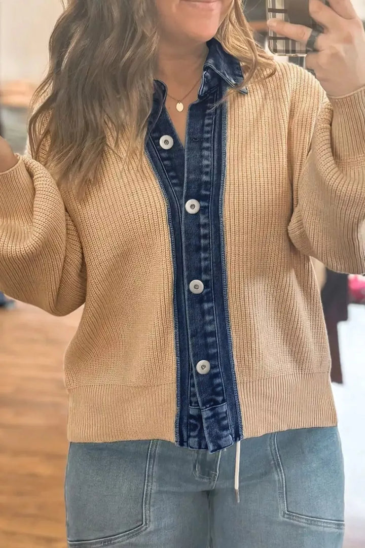 Ribbed knit cardigan with denim collar and button placket