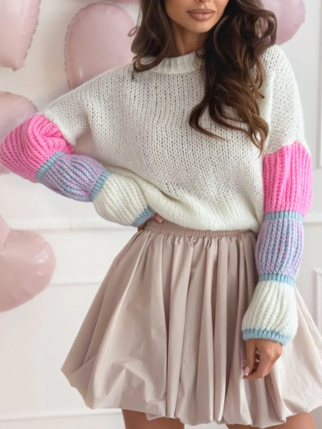 Color-block open-knit crew neck pullover sweater