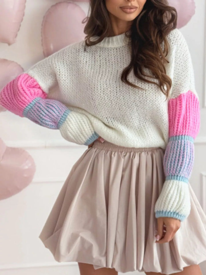 Color-block open-knit crew neck pullover sweater