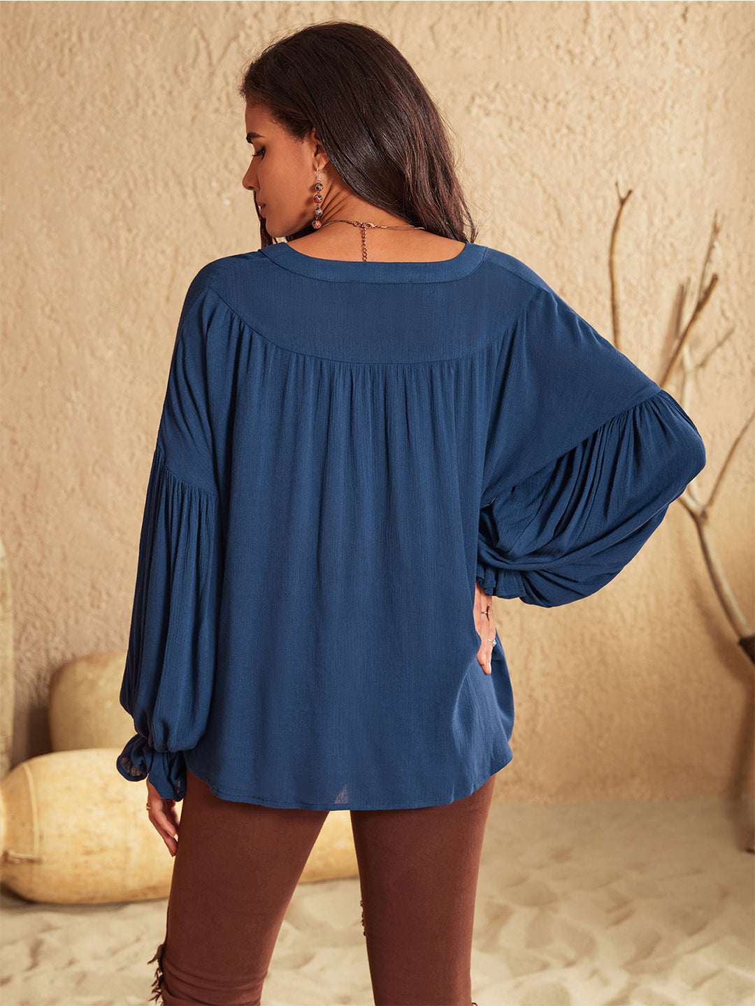 Tie neck balloon sleeve blouse with split V-neck