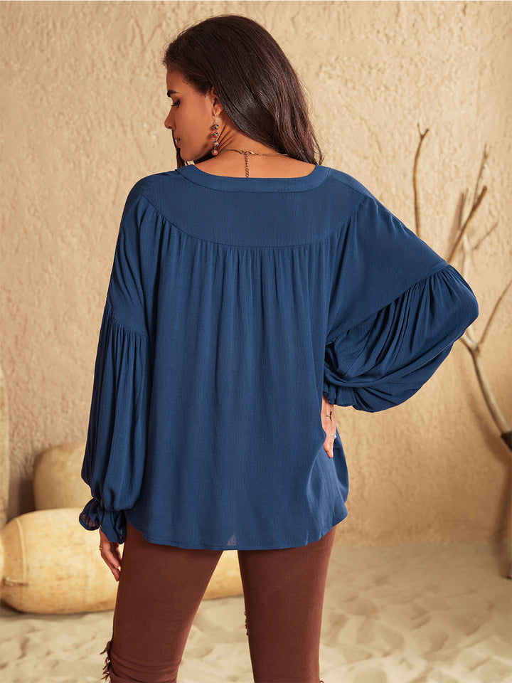 Tie neck balloon sleeve blouse with split V-neck