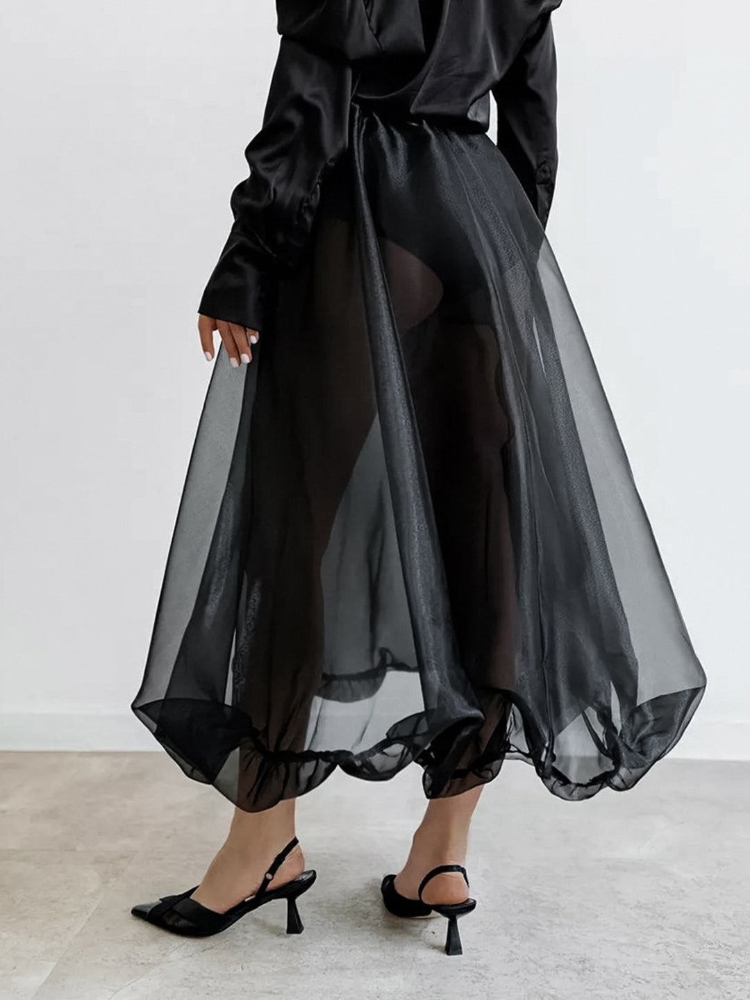 Semi-sheer flowy midi skirt with gathered elastic waist