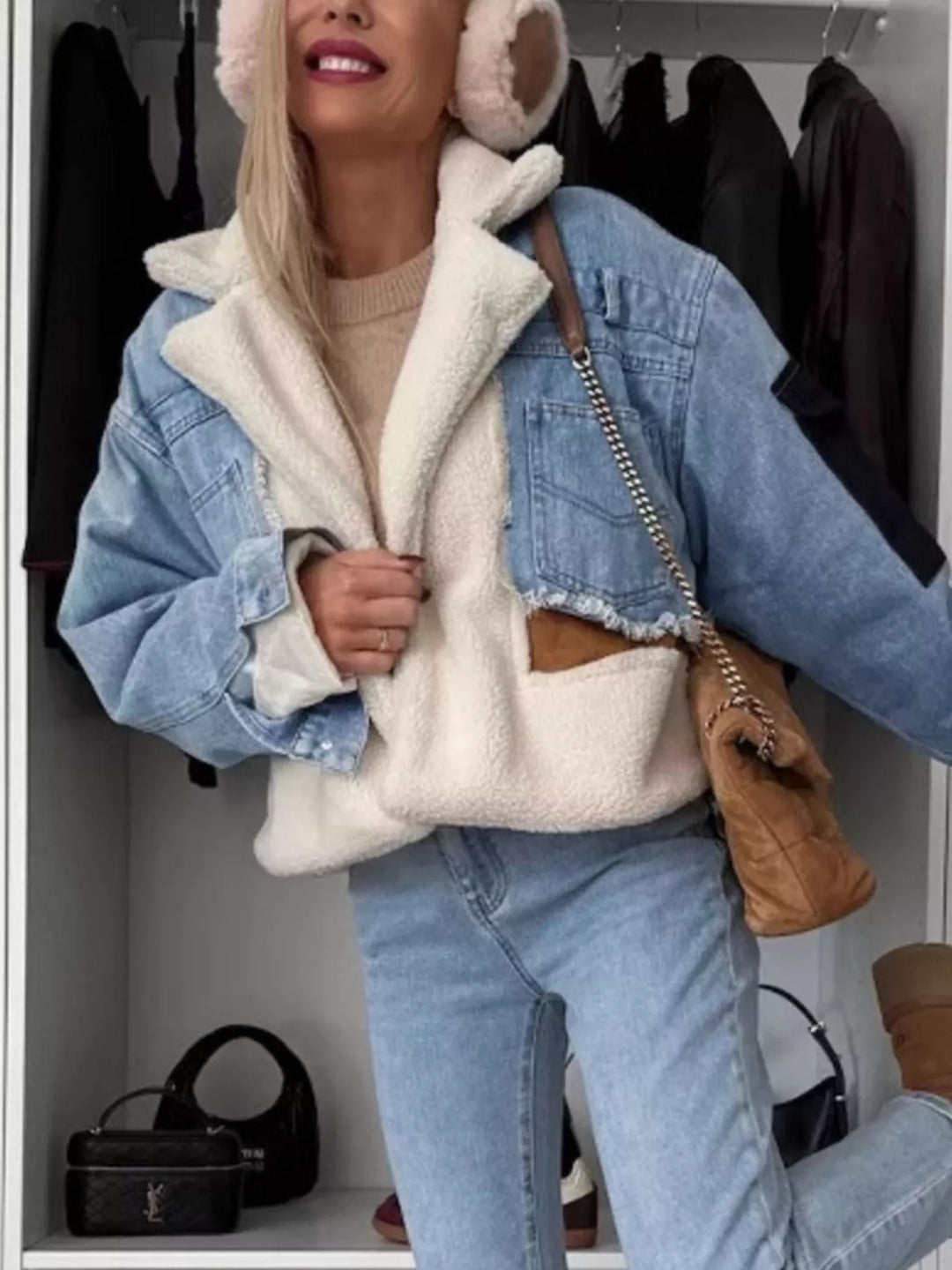 Sherpa panel denim jacket with raw hem and notch lapel