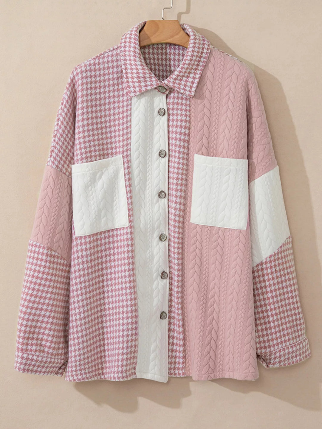 Houndstooth color block button-down shacket with chest pocket