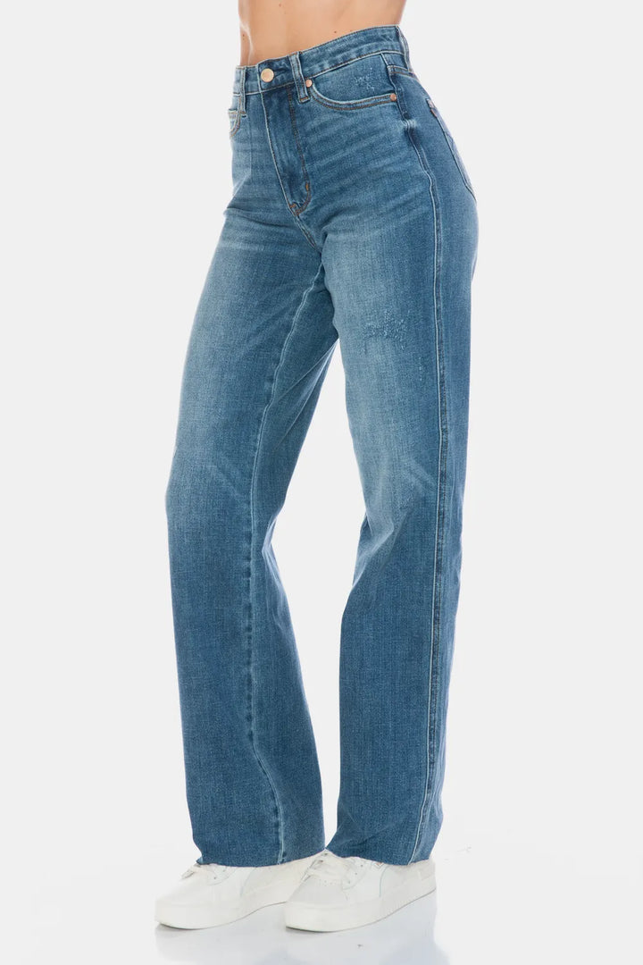 High-rise tummy control straight jeans with raw hem
