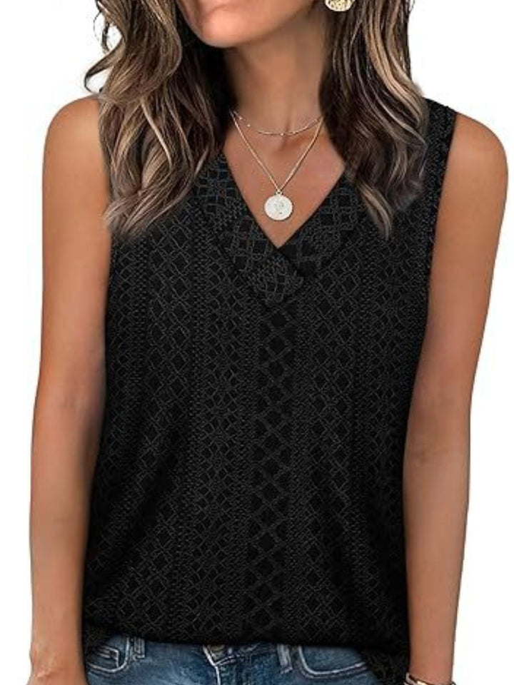 Black Eyelet V-neck sleeveless tank with diamond texture