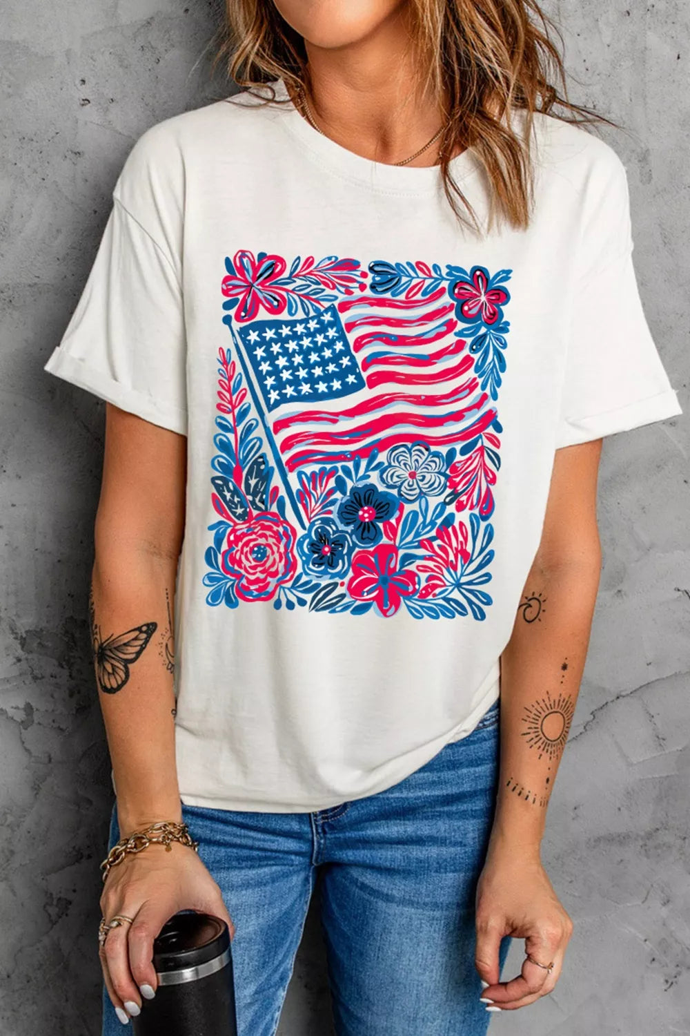 White Floral American flag graphic crew neck tee