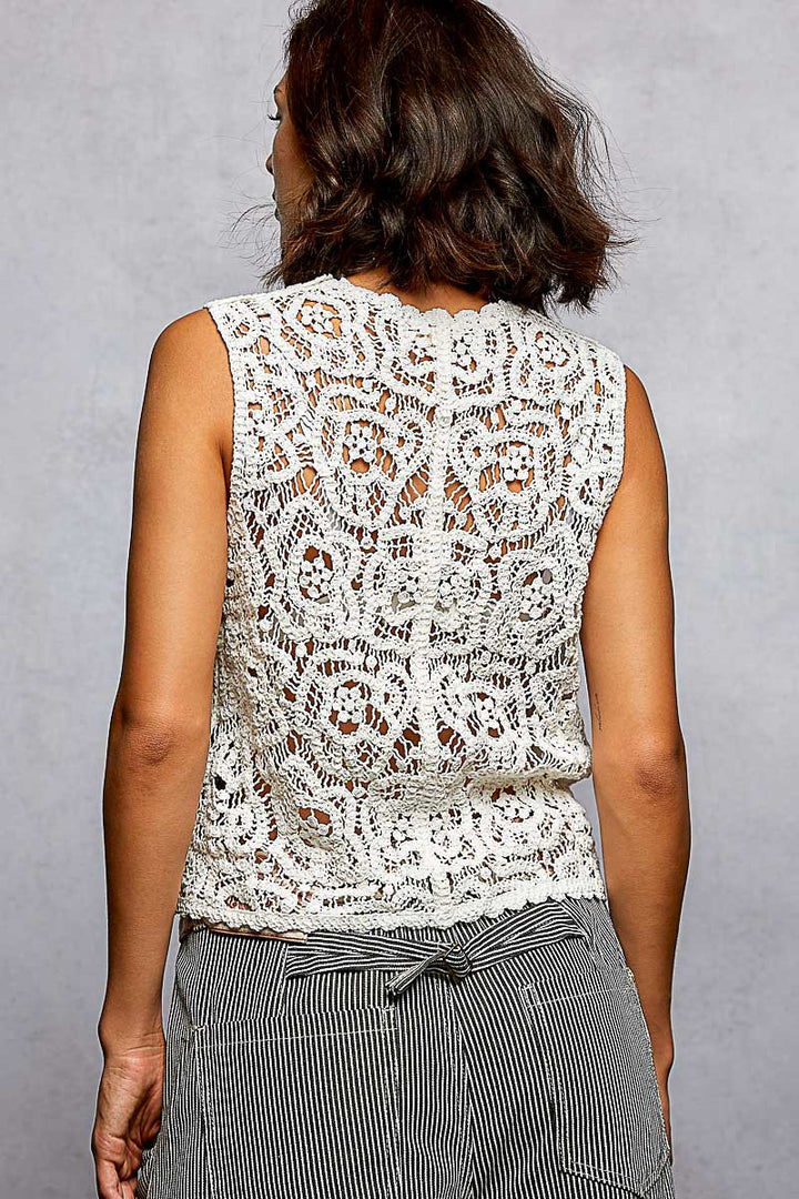 Cropped crochet button-down vest with scalloped hem