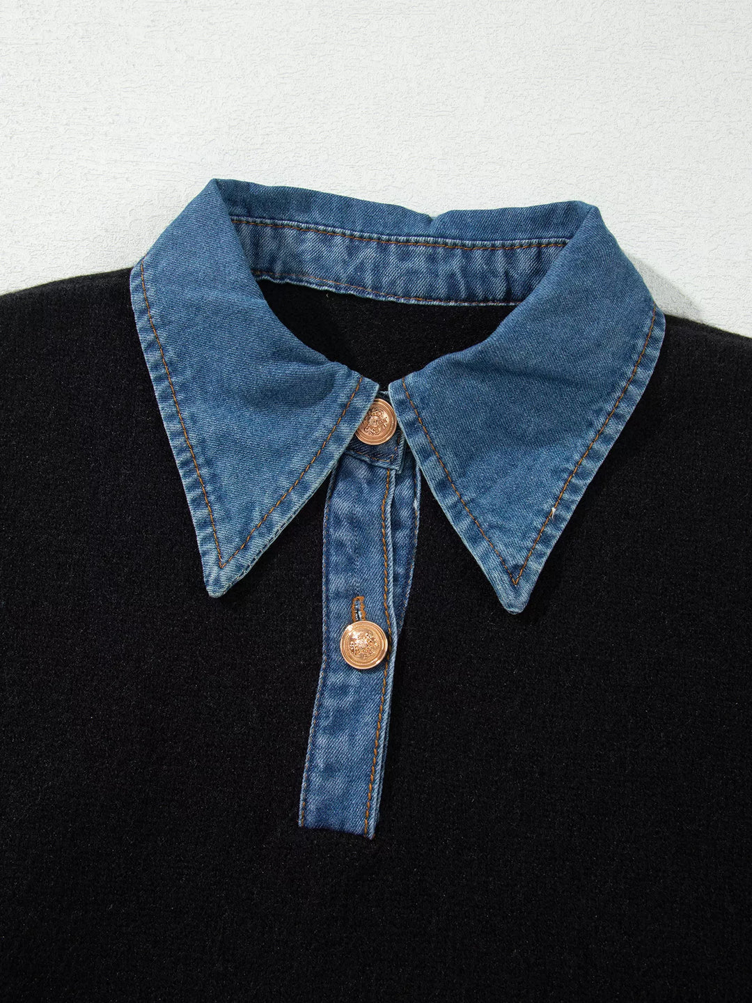 Denim collar knit sweater with button placket and cuffs