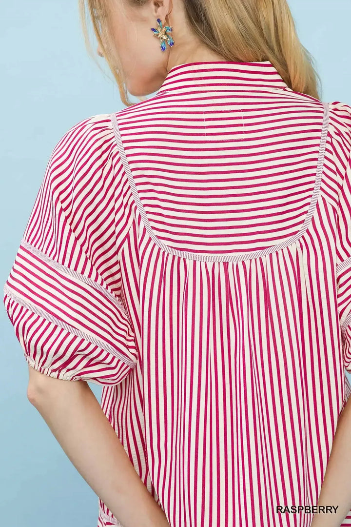 Striped puff sleeve babydoll top with notch collar