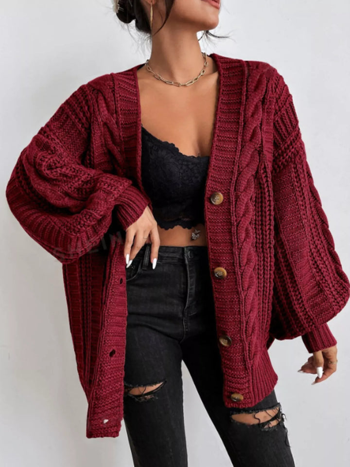 Deep Red Oversized cable knit button-down cardigan with V-neck