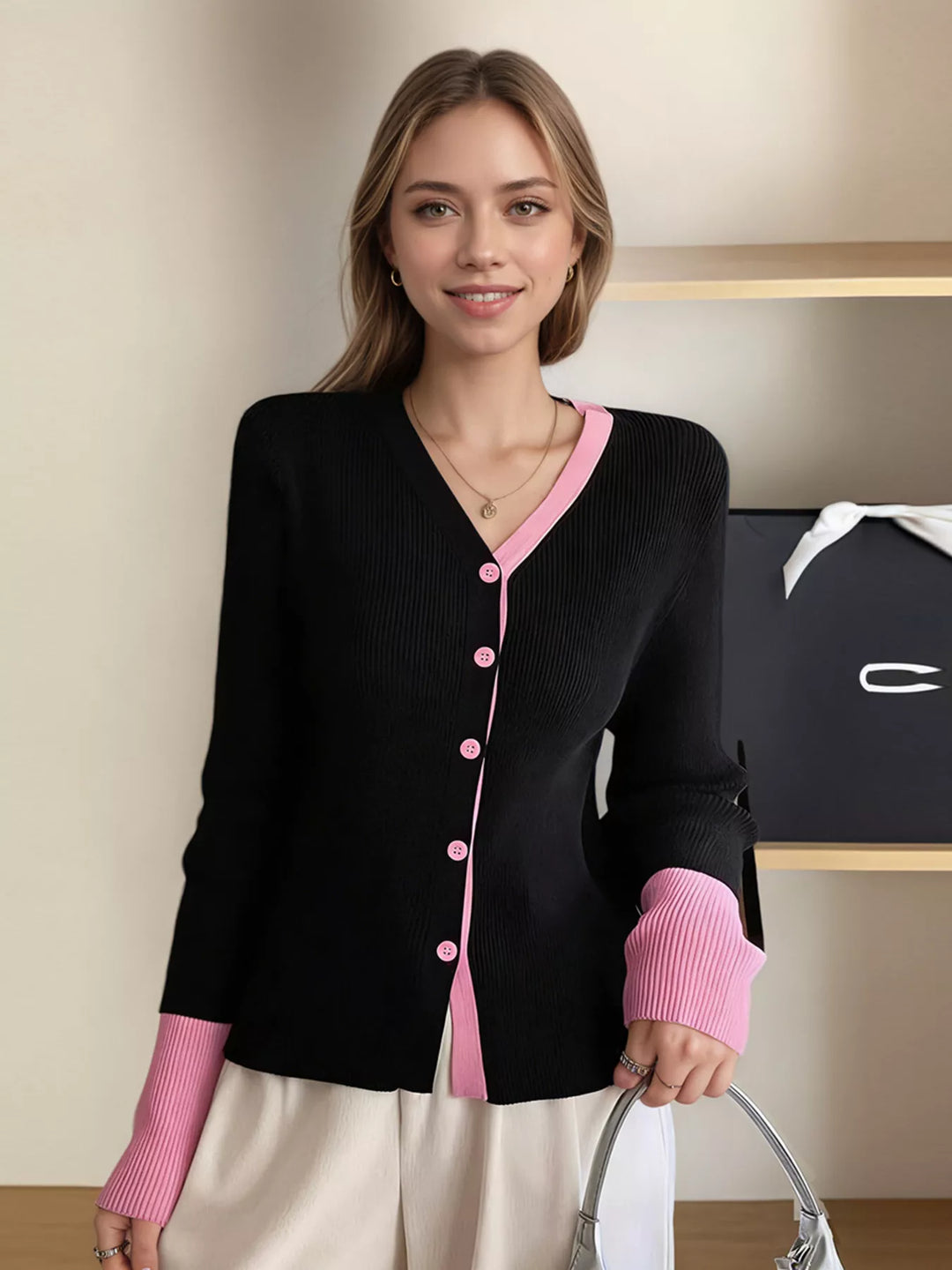 Pink Contrast-trim ribbed knit V-neck button cardigan