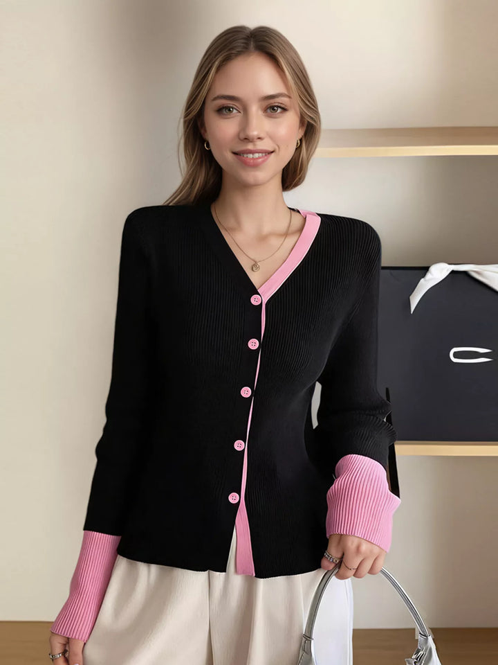 Pink Contrast-trim ribbed knit V-neck button cardigan