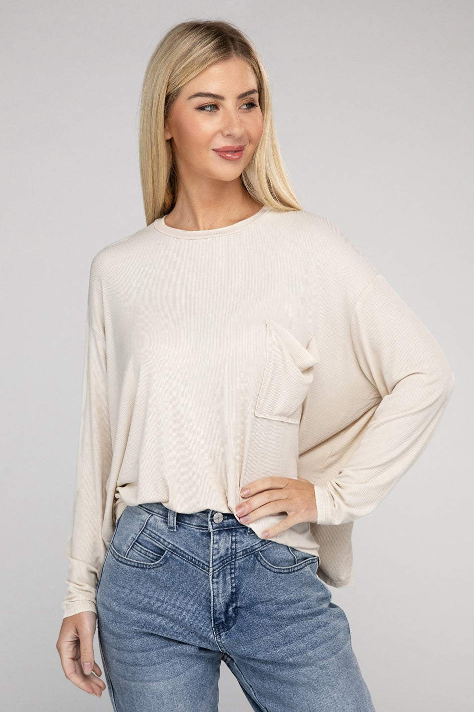 Washed Ribbed Dolman Sleeve Round Neck Top - Azoroh