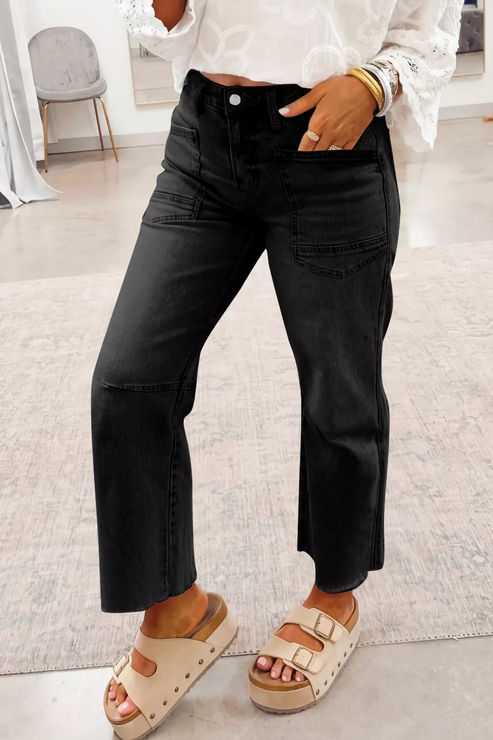 Black Frayed cropped straight-leg jeans with utility pockets