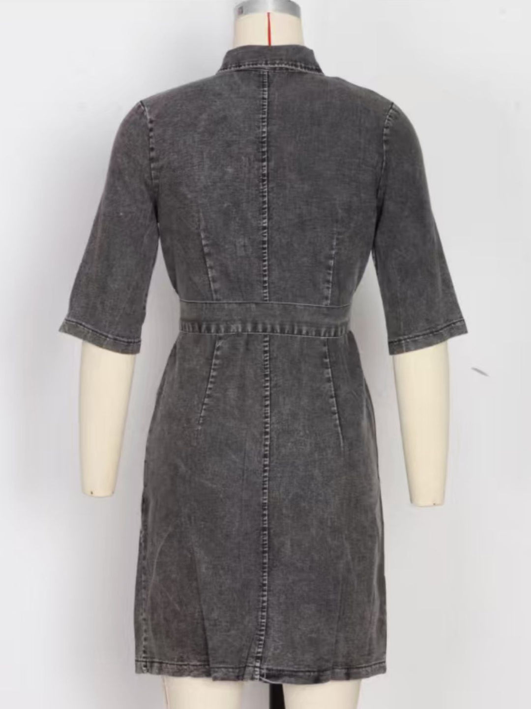 Zip-front tie-waist short sleeve denim mini dress